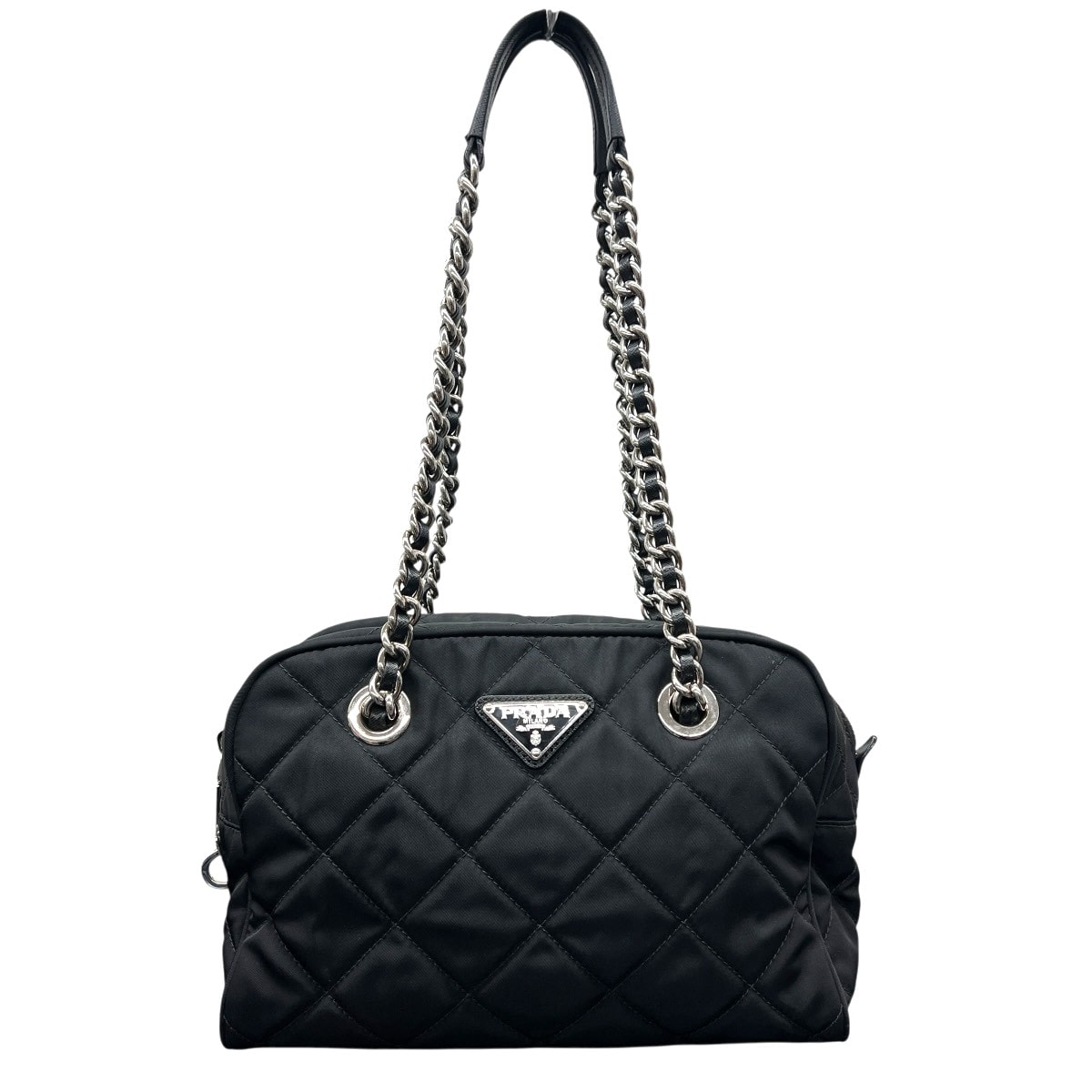 PRADA 美品 プラダ インプントゥ チェーンショルダーバッグ 1BB072 テスート ナイロン サフィアーノ レザー ブラック キルティング ショルダーバッグ ハンドバッグ ABランク 鑑定済 中古 プラダバッグ