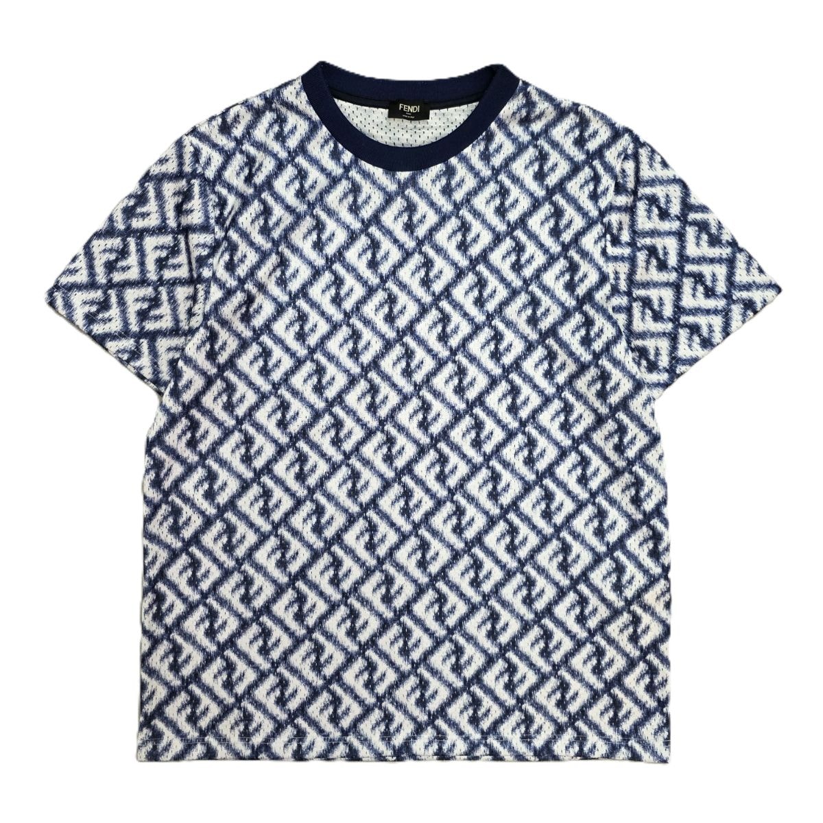FENDI フェンディ メッシュ生地 FFモチーフ 総柄 カットソー 半袖Tシャツ FAF682 XL ポリエステル ネイビー ホワイト  メンズ【中古】