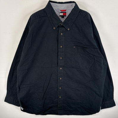 古着 90's/90年代 トミーヒルフィガー TOMMY HILFIGER 長袖シャツ ワンポインロゴ 刺繍 大きいサイズ ボタンダウンシャツ 14041 ブラック 無地 メンズ