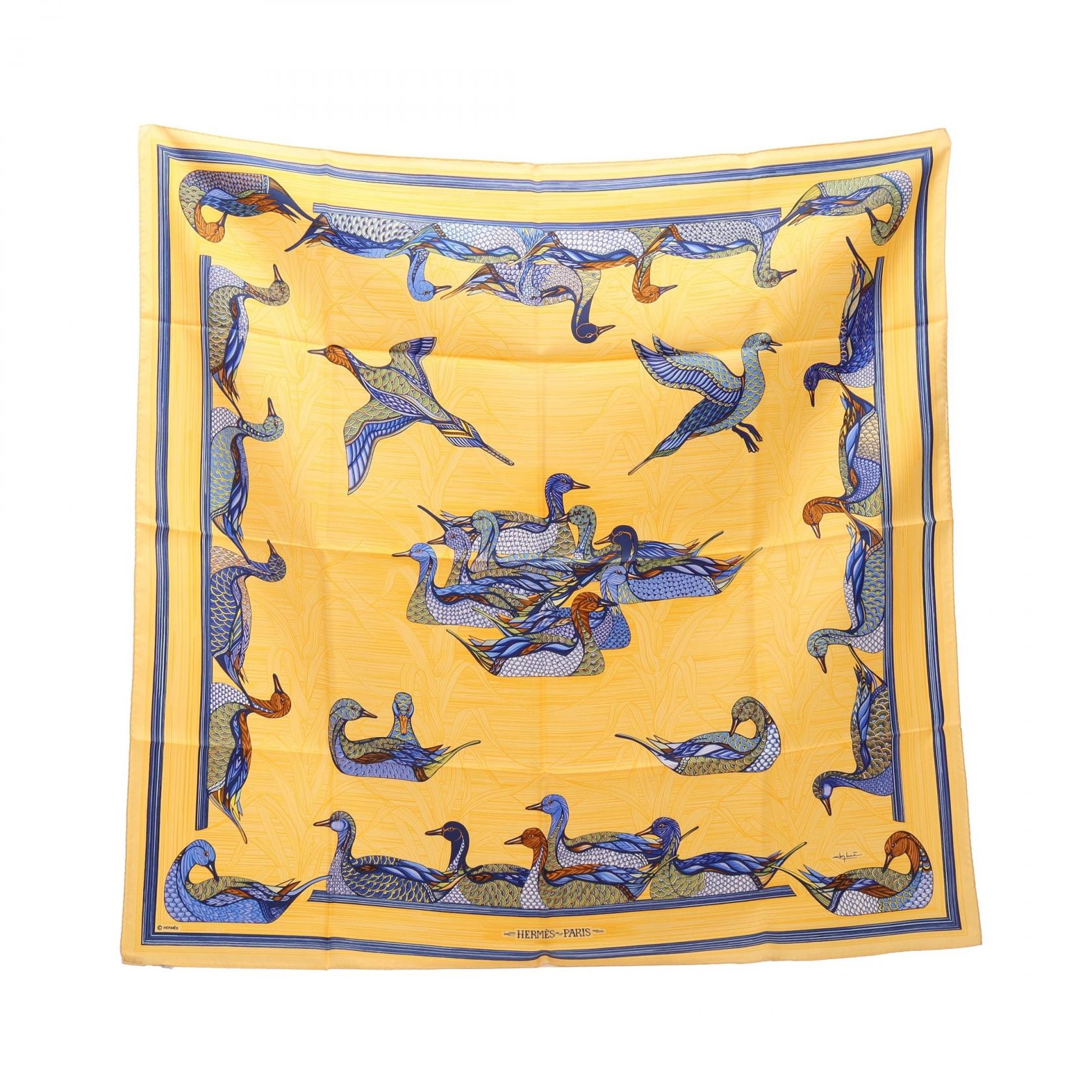 エルメス HERMES カレ90 La Mare aux Canards スカーフ 衣料品 シルク シルク レディース オレンジ系 / ブルー系 【中古】