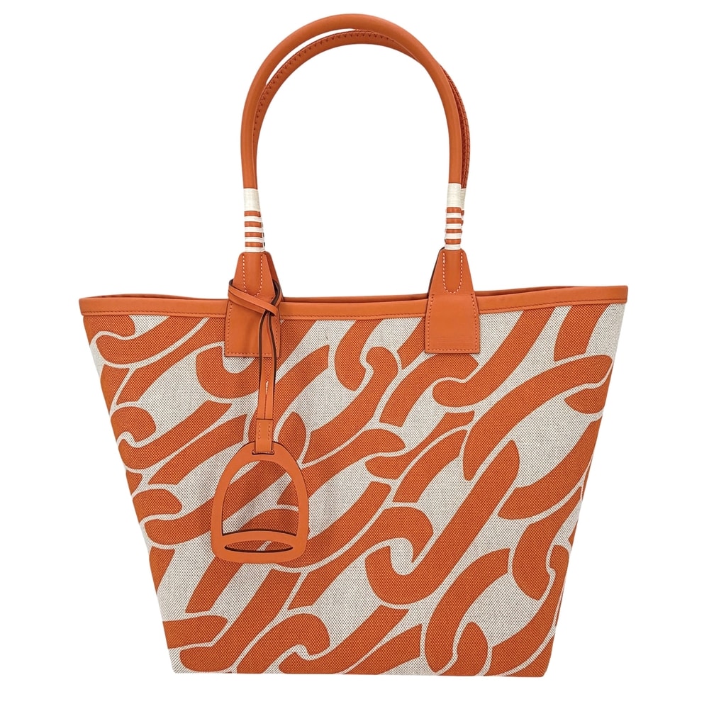 HERMES エルメス トートバッグ スティープル28 ハンドバッグ 肩掛け W刻印 キャンバス  レザー   オレンジ ベージュ シルバー金具 レディース 美品 2024年【中古品】