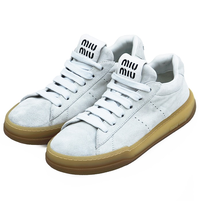 【極美品】Miu Miu ミュウ ミュウ スニーカー サイズ EU39 レディース スウェード ローカット シューズ 靴 箱付属 ライトグレー 灰色 イタリア製