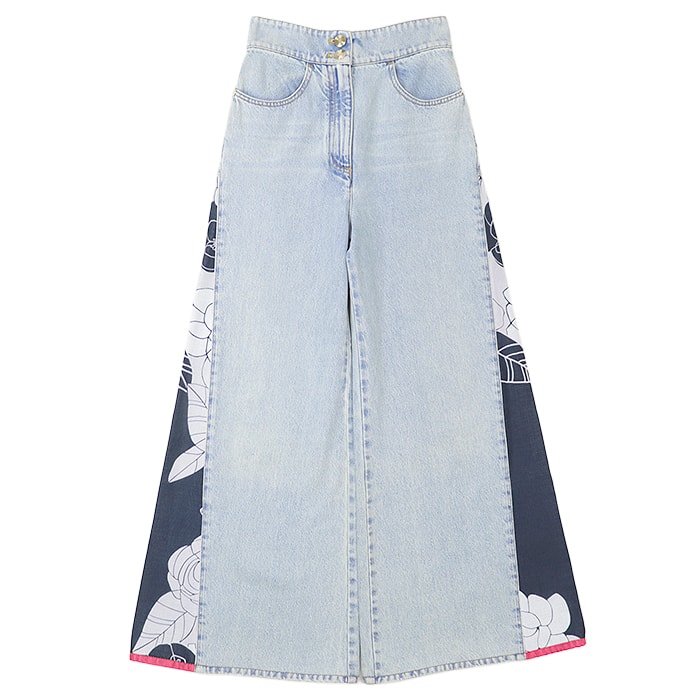 CHANEL シャネル デニムパンツ P70188 5P ハイウエスト バギー ワイドシルエット シグネチャー カメリア プリント 切替 ロゴ COCOマーク ゴールド ボタン ファスナー ボトムス レディース サイズ 36 ライトインディゴ イタリア製