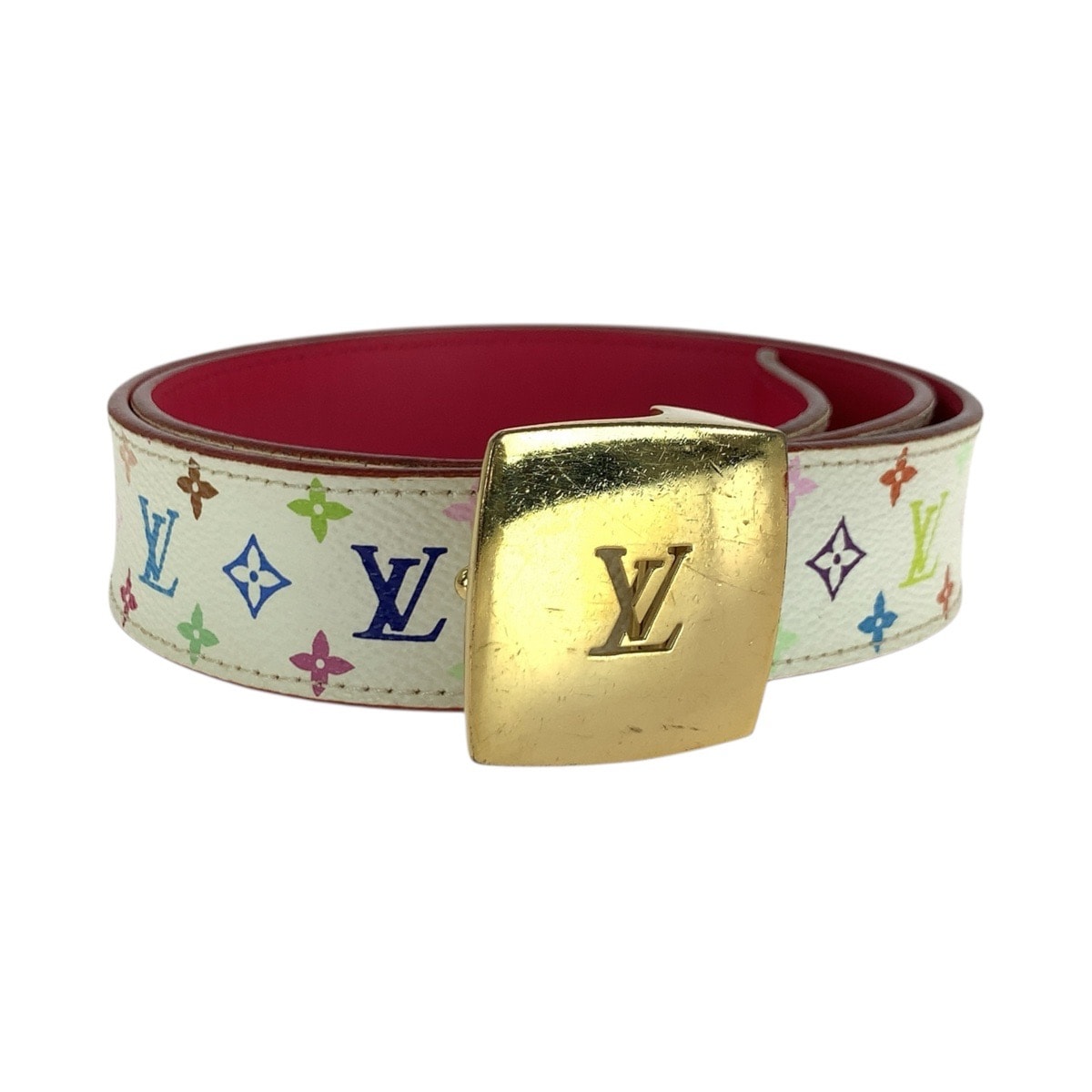 LOUIS VUITTON ルイヴィトン モノグラム マルチカラー サンチュール キャレ LVカット 75cm/30インチ ホワイト レッド ゴールド金具 レザー ベルト 男女兼用 505937 【中古】