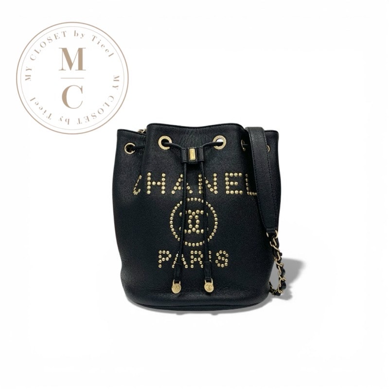 シャネル CHANEL バッグ ショルダーバッグ キャビアスキン ブラック 黒 ゴールド ココマーク ドーヴィル ロゴスタッズ 巾着 チェーン