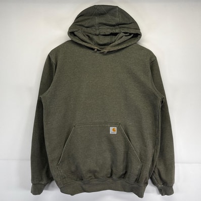 古着 カーハート Carhartt パーカー トレーナー ワンポイントロゴ刺繍 プルオーバー 袖プリント フーディ M カーキ系 メンズ