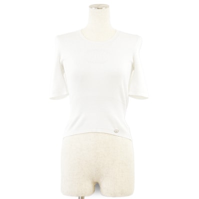 新品同様 シャネル 2021SS 21P P70497 コットン リブ COCOマーク チャーム ラウンドネック ハーフスリーブ トップス ニット レディース ホワイト 36 CHANEL