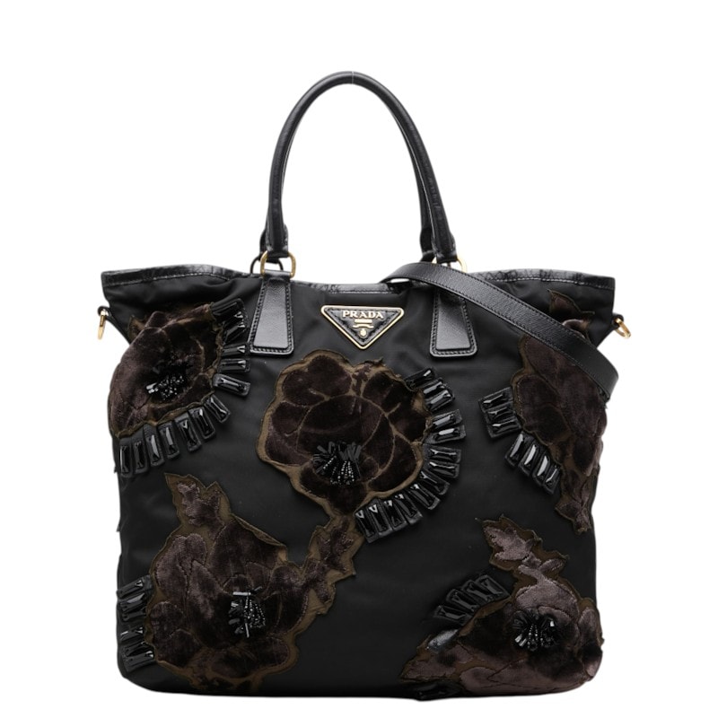 プラダ ビーズ フラワー トートバッグ 2WAY ショルダーバッグ ブラック ナイロン レディース PRADA 中古