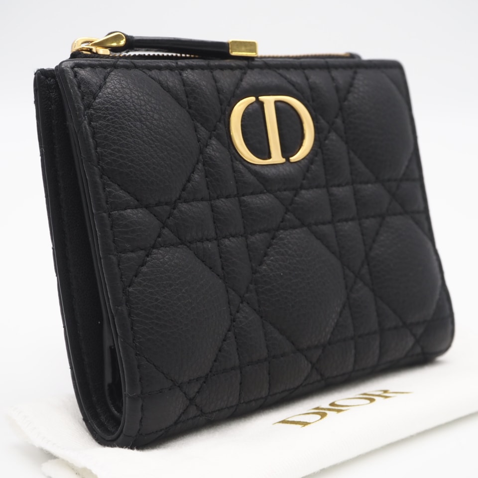 美品 Dior ディオール カナージュ カーフスキン Dior Caro Dahlia ウォレット S5173UWHC 二つ折り財布 ブラック カーフレザー レディース