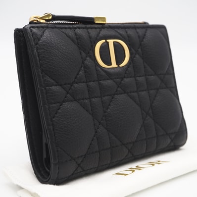 美品 Dior ディオール カナージュ カーフスキン Dior Caro Dahlia ウォレット S5173UWHC 二つ折り財布 ブラック カーフレザー レディース