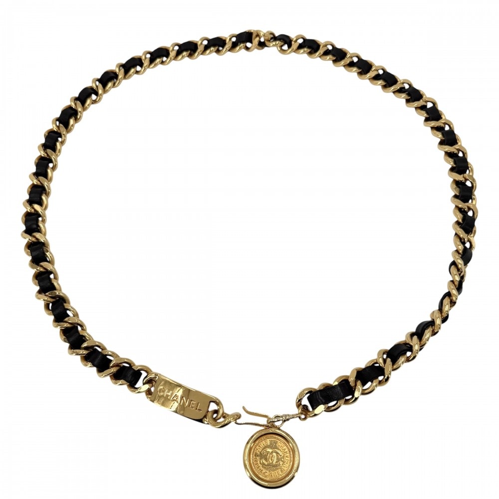 CHANEL シャネル ベルト メダル チェーンベルト ファッションアイテム 小物 ココマーク ヴィンテージ GP  レザー   ゴールド ブラック 黒 レディース【中古品】