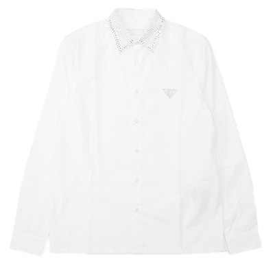 美品 プラダ 2021年製 スタッズ トライアングル 長袖シャツ メンズ ホワイト 38 PRADA