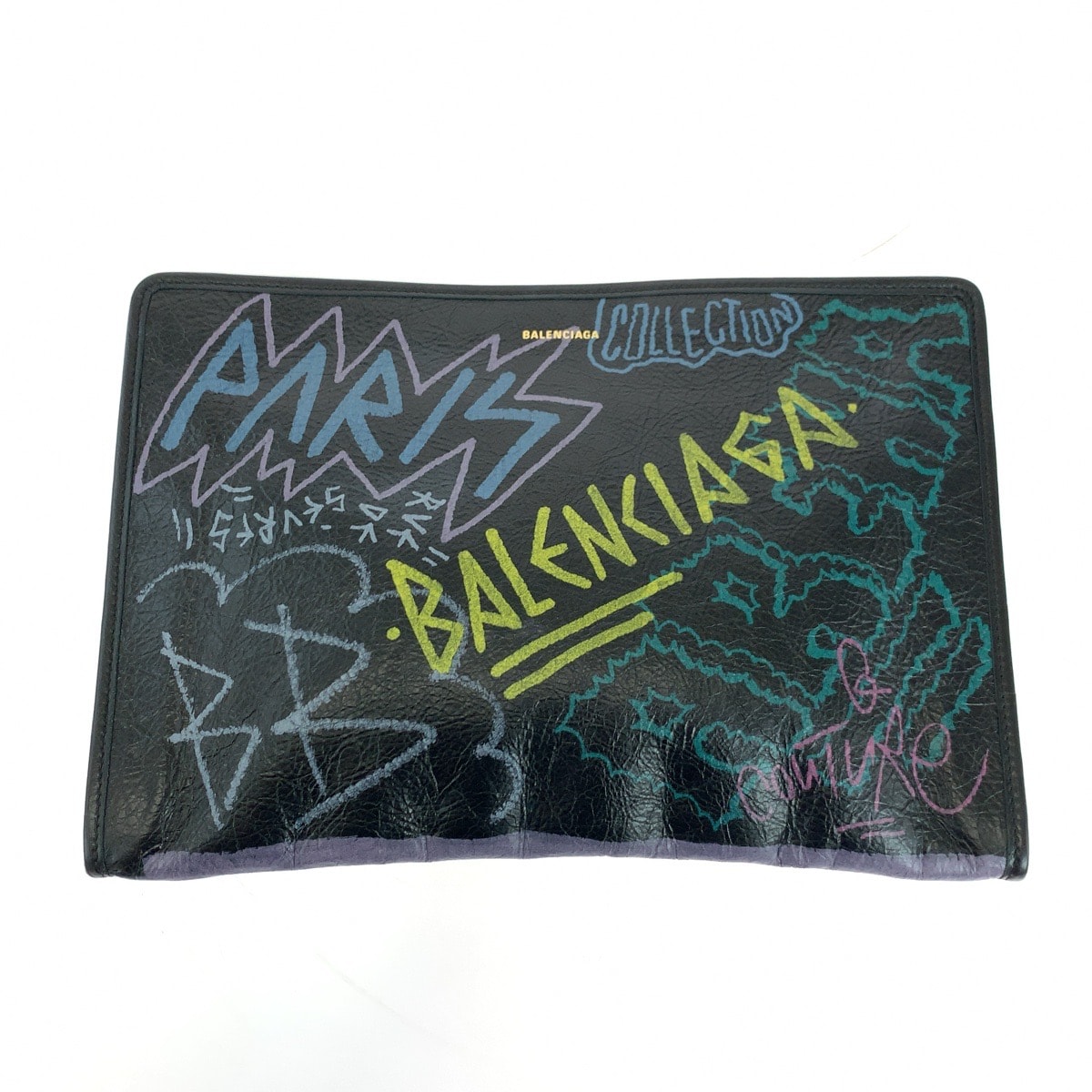 美品 BALENCIAGA バレンシアガ グラフィティプリント ブラック 黒 マルチカラー シルバー金具 レザー クラッチバッグ セカンドバッグ 503948 【中古】