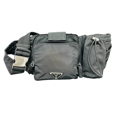 PRADA 美品 プラダ テスートナイロン ボディバッグ マルチポケット VA0056 ナイロン メタル ブラック シルバー金具 ウエストバッグ ヒップバッグ ABランク 鑑定済 プラダバッグ