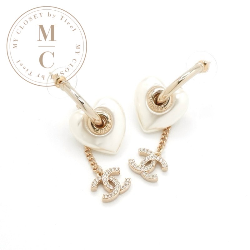 シャネル CHANEL ピアス イヤリング ゴールド ホワイト ココマーク ラインストーン ハート フープ