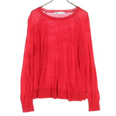 美品 ZARA ザラ 長袖 薄手 クルーネック サマー ニット S レッド系