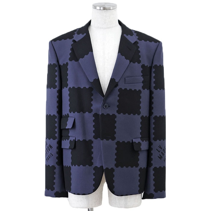 【美品】LOUIS VUITTON ルイ・ヴィトン x NIGO テーラードジャケット ジャイアント ダミエ 2022SS コラボレーション Wネーム LV MADE PARIS ロゴ 2B ステッチ メンズ サイズ 52 ブルー ブラック 青 黒 イタリア製