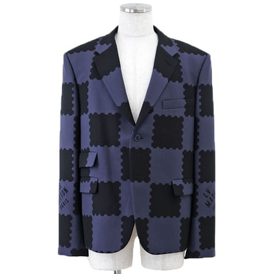 【美品】LOUIS VUITTON ルイ・ヴィトン x NIGO テーラードジャケット ジャイアント ダミエ 2022SS コラボレーション Wネーム LV MADE PARIS ロゴ 2B ステッチ メンズ サイズ 52 ブルー ブラック 青 黒 イタリア製