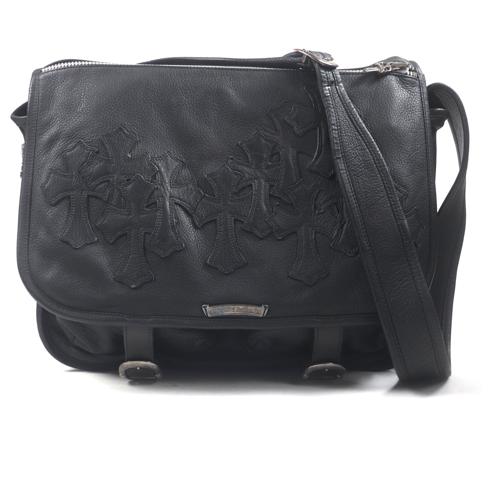 Chrome Hearts Leather Cemetery Cross Patch Large Soft Shoulder Bag "Black/Silver"
