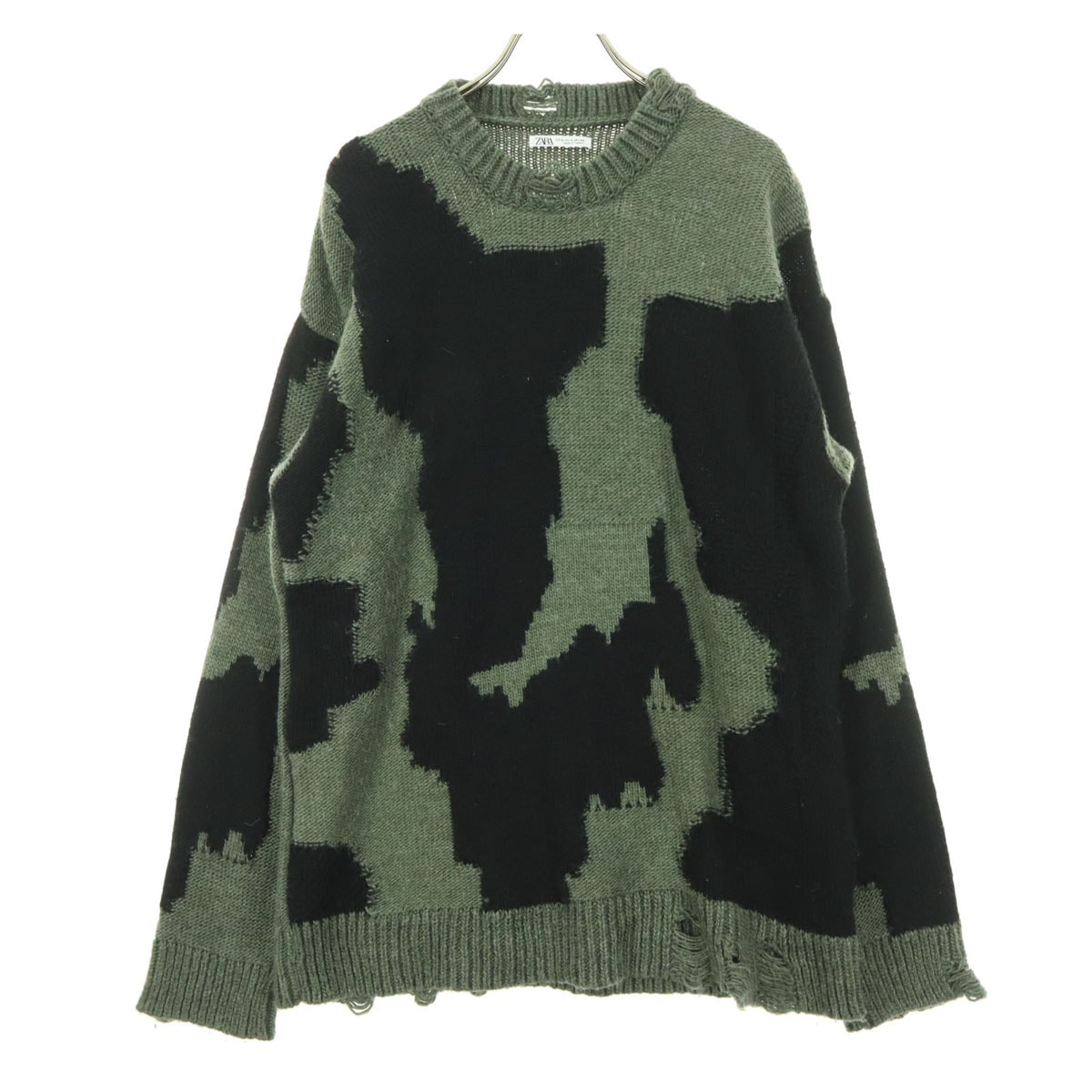 ZARA ザラ ウール混 バイカラー 長袖 ダメージ加工 ニット XL グレー