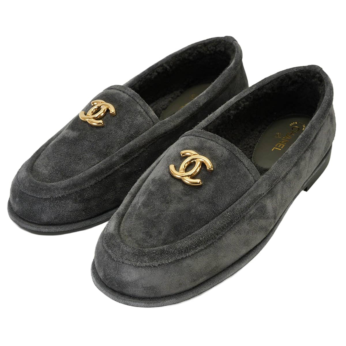 CHANEL シャネル モカシン レディース ココマーク グレー スウェード/ボア 24cm(#38C) ゴールド金具 G45886 準新品