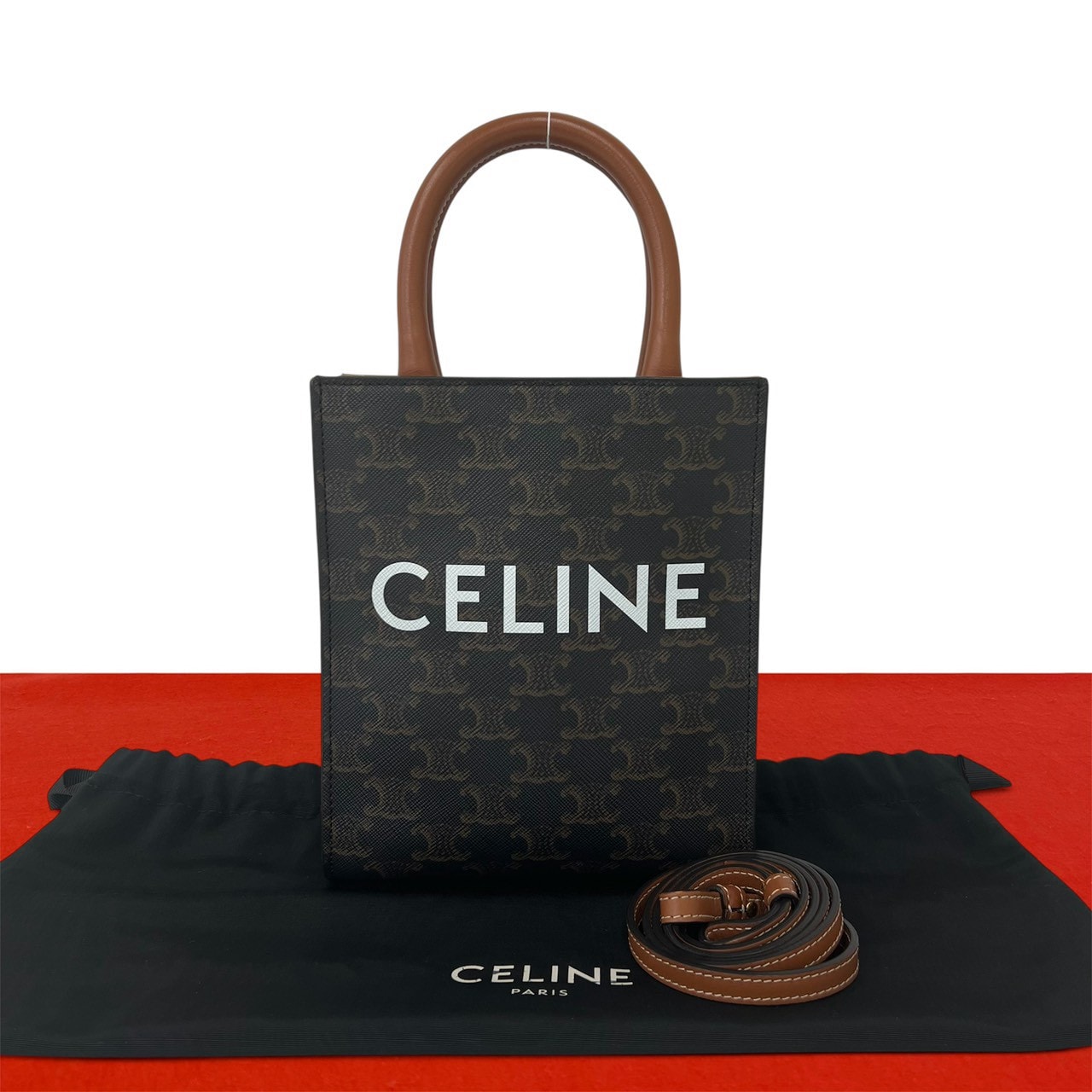 CELINE セリーヌ ミニ バーティカル カバ トリオンフ ロゴ 柄 レザー PVC ショルダーバッグ ブラウン
 28135