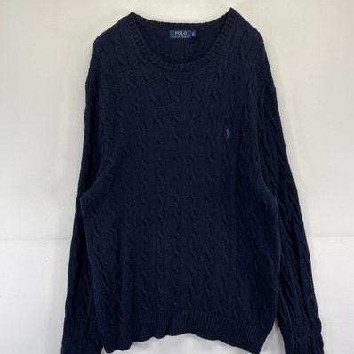 古着 ポロ・ラルフローレン POLO RALPH LAUREN ニット ケーブルニット セーター ワンポイントロゴ 大きいサイズ 2XL ネイビー系 メンズ