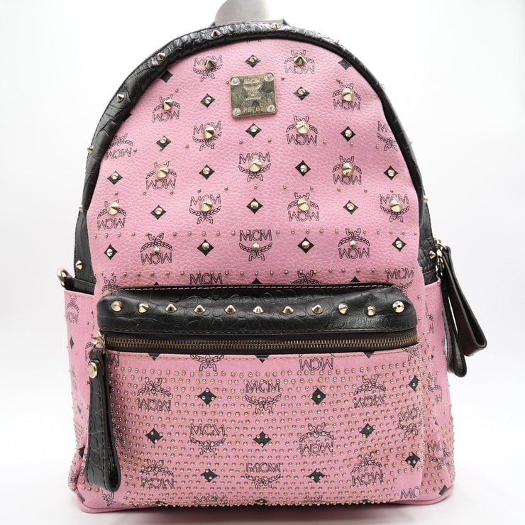 MCM(エムシーエム)ヴィセトス スターク ブロック バックパック リュック スタッズ ピンク×ブラック ゴールド金具 MWK3SVG04EG001【中古】
