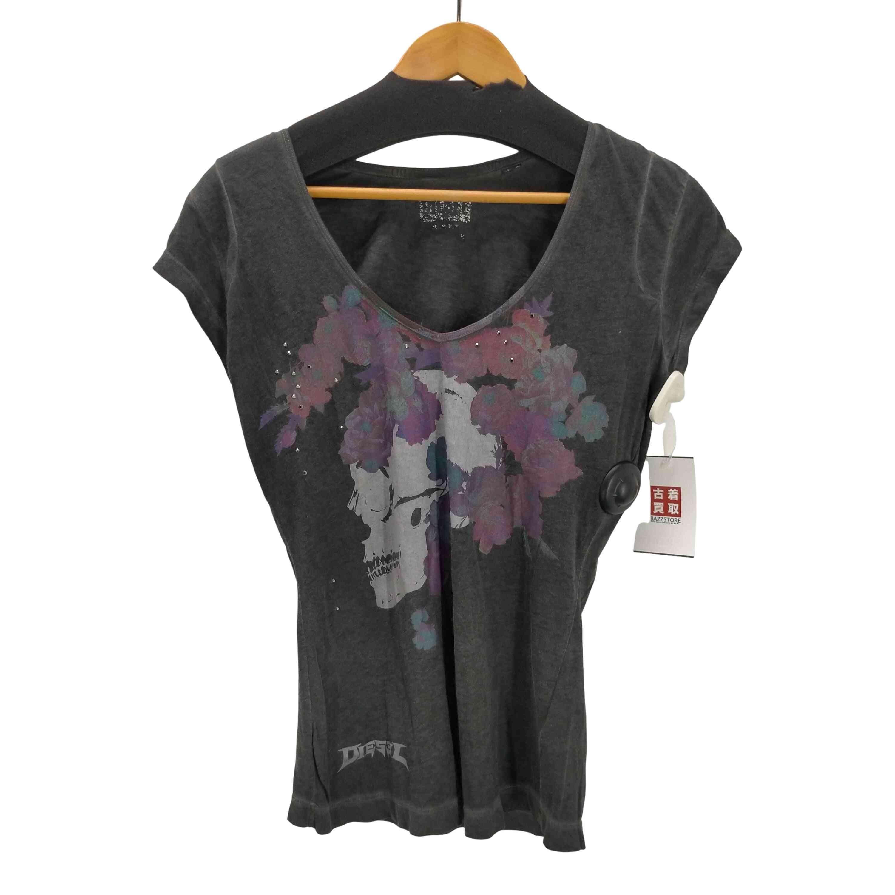 スカルローズ プリント Uネック Tシャツ Y2K【1142294954382】