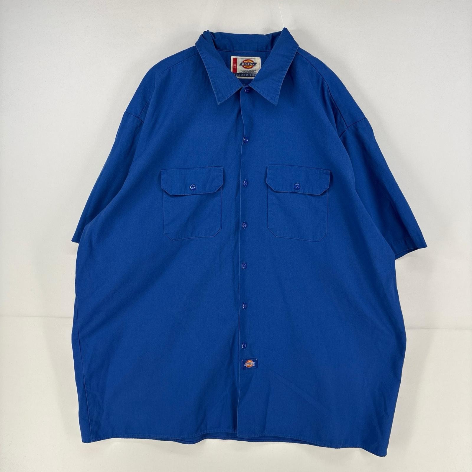 古着 ディッキーズ Dickies 半袖シャツ ワーク 胸ポケット 大きいサイズ 作業着 3XL ブルー 無地 メンズ