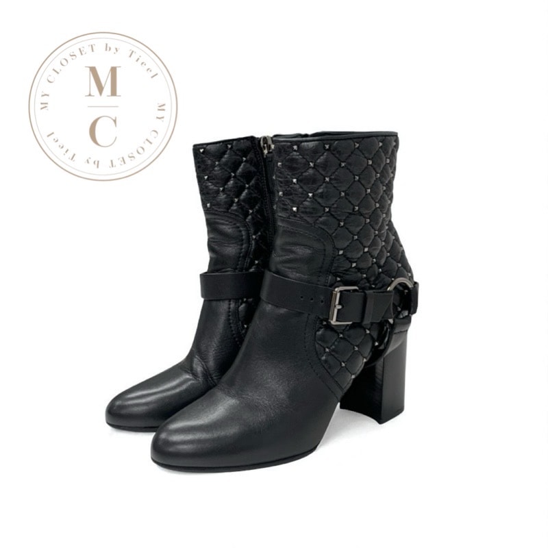 ヴァレンティノ VALENTINO ブーツ ショートブーツ 靴 シューズ レザー ブラック 黒 シルバー ロックスタッズ キルティング