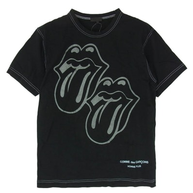 COMME des GARCONS HOMME PLUS コムデギャルソンオムプリュス Tシャツ 05AW PP-T041 x The Rolling Stones ローリング・ストーンズ リップ&タン ラメプリント 半袖 Tシャツ ブラック系 M【中古】