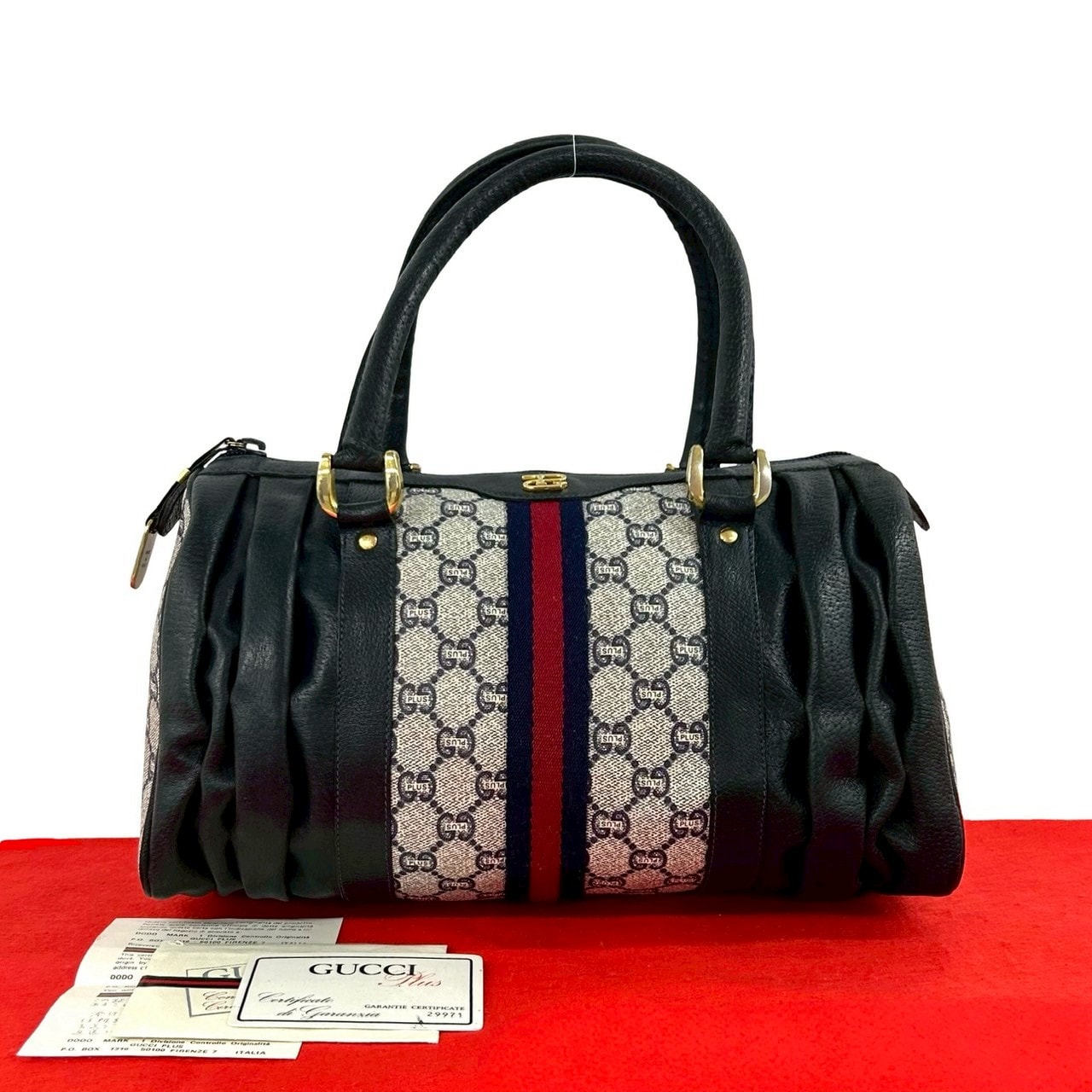 GUCCI グッチ シェリーライン グッチプラス ロゴ 金具 PVC レザー ハンドバッグ ネイビー
35467