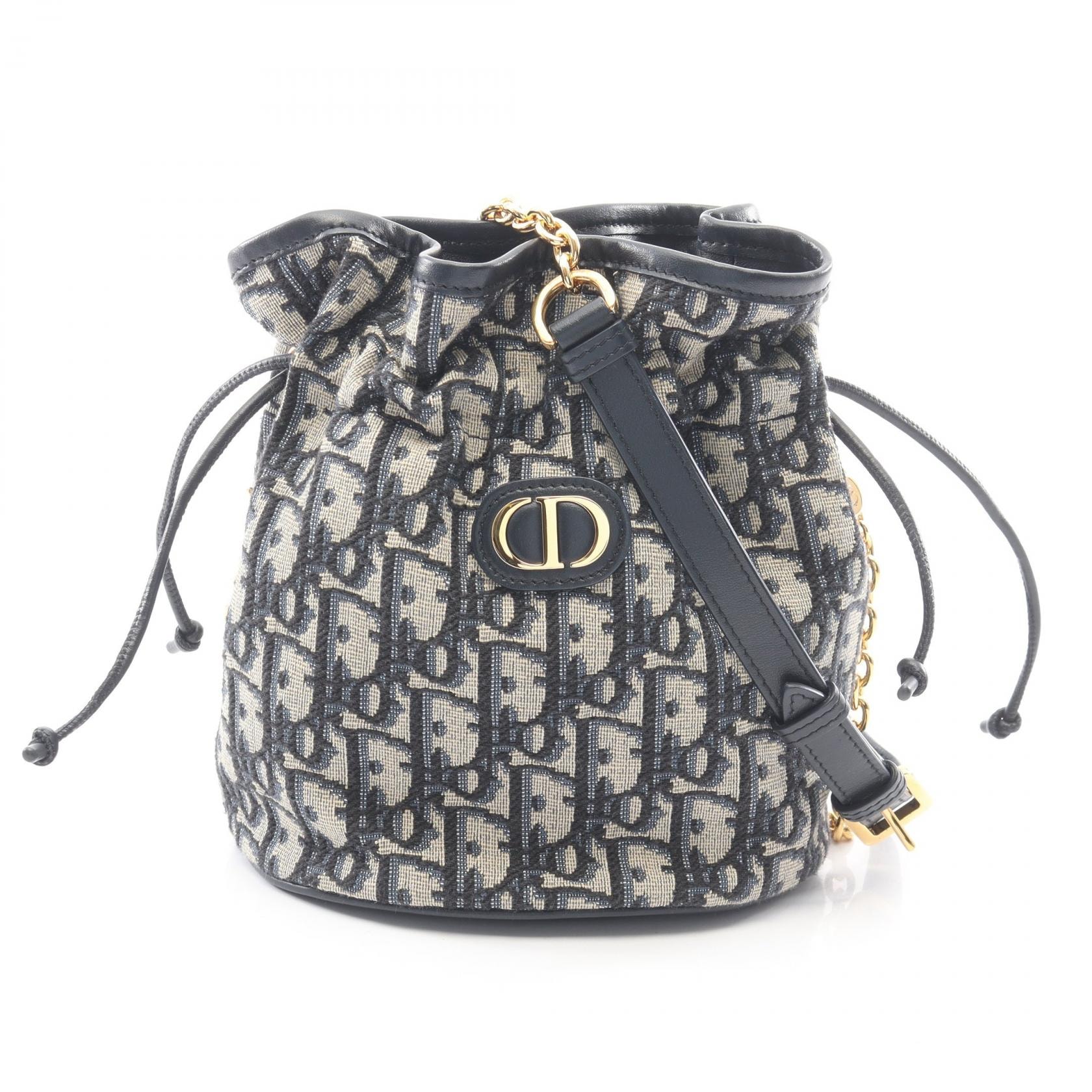 ディオール Dior 30 Montaigne ドローストリング ミニ バケットバック オブリーク ショルダーバッグ バッグ キャンバス レザー レディース アイボリー系 / ネイビー系 S2374VTZQ_M928 【中古】