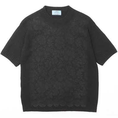 【SALE】【美品】PRADA プラダ ニット サイズ 36 レディース 2015年モデル ウール × カシミヤ フローラル レース プルオーバー クルーネック ショートスリーブ 半袖 トップス ブラック 黒 イタリア製