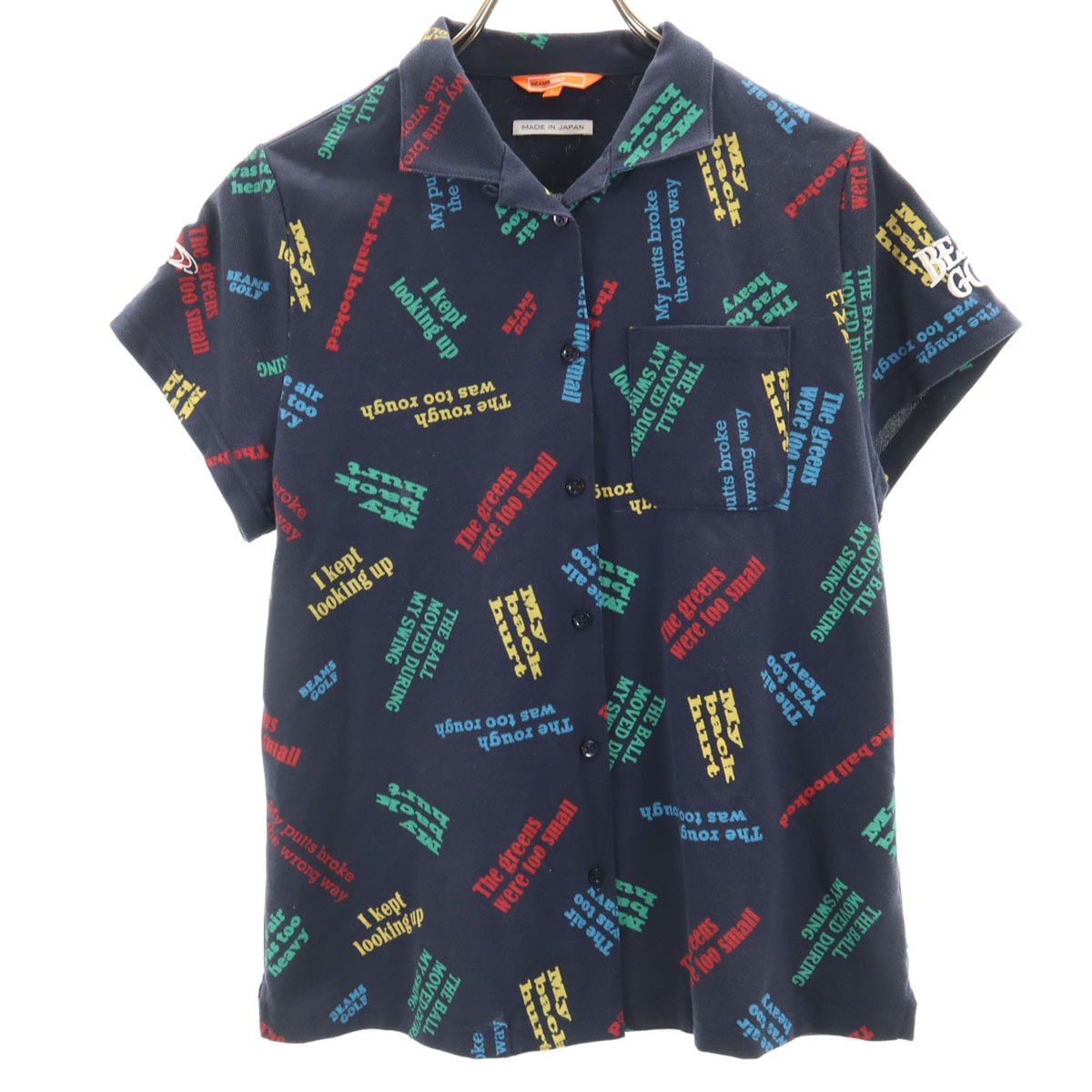 BEAMS GOLF ビームスゴルフ 日本製 総柄 ゴルフ 半袖 シャツ L ネイビー系 鹿の子地
