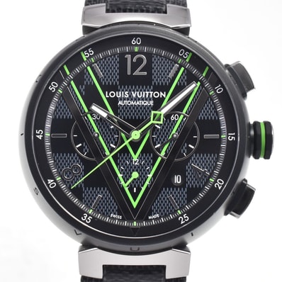 値下 ルイ・ヴィトン LOUIS VUITTON QA130Z タンブール ダミエ グラフィット レース メンズ 良品 箱・保証書付き 腕時計 H#147780
