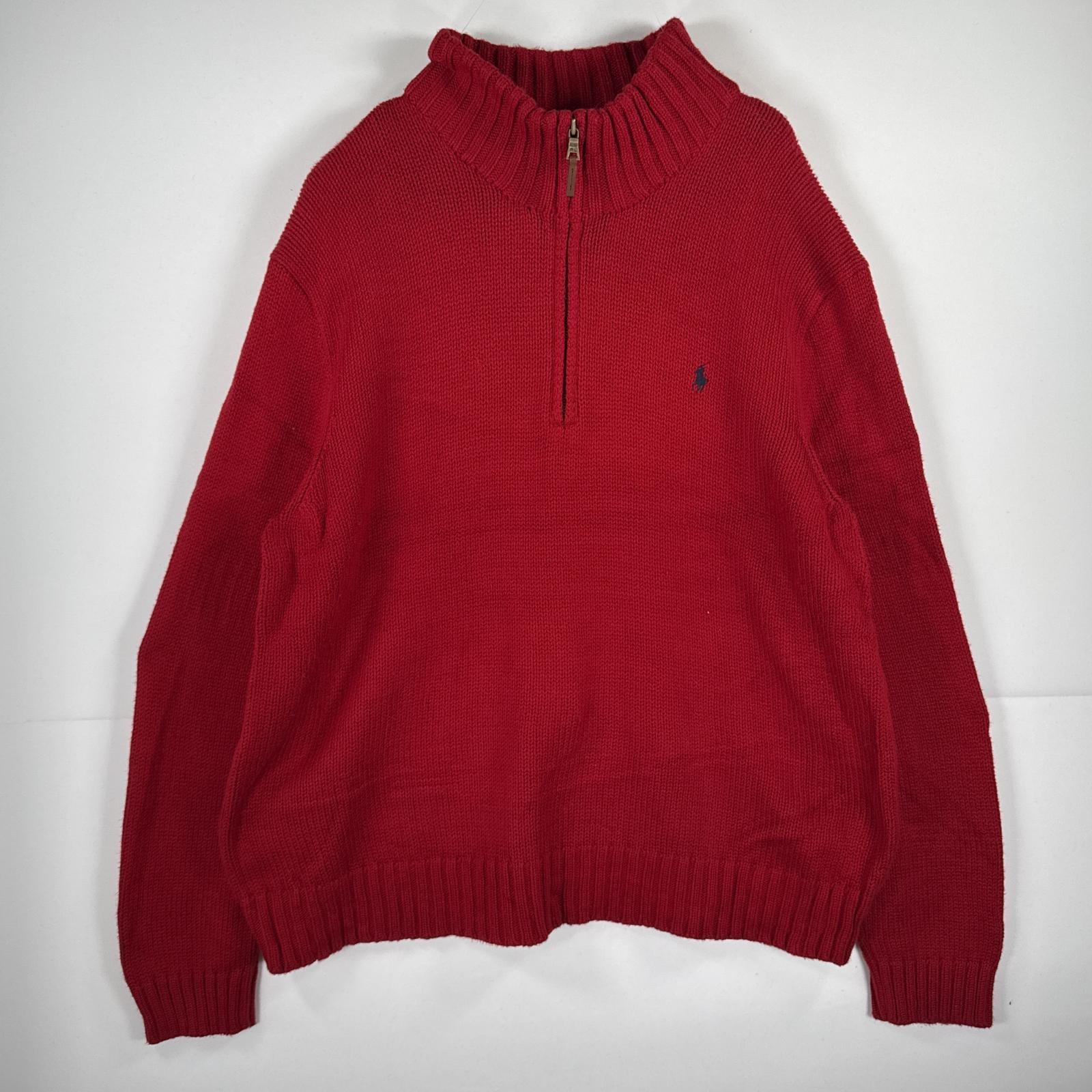 古着 ポロバイラルフローレン Polo by Ralph Lauren 長袖 セーター ハーフジップ ニット 大きいサイズ ワンポイント 14041  レッド 無地 メンズ