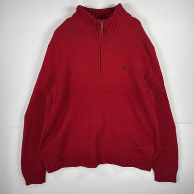 古着 ポロバイラルフローレン Polo by Ralph Lauren 長袖 セーター ハーフジップ ニット 大きいサイズ ワンポイント 14041 レッド 無地 メンズ