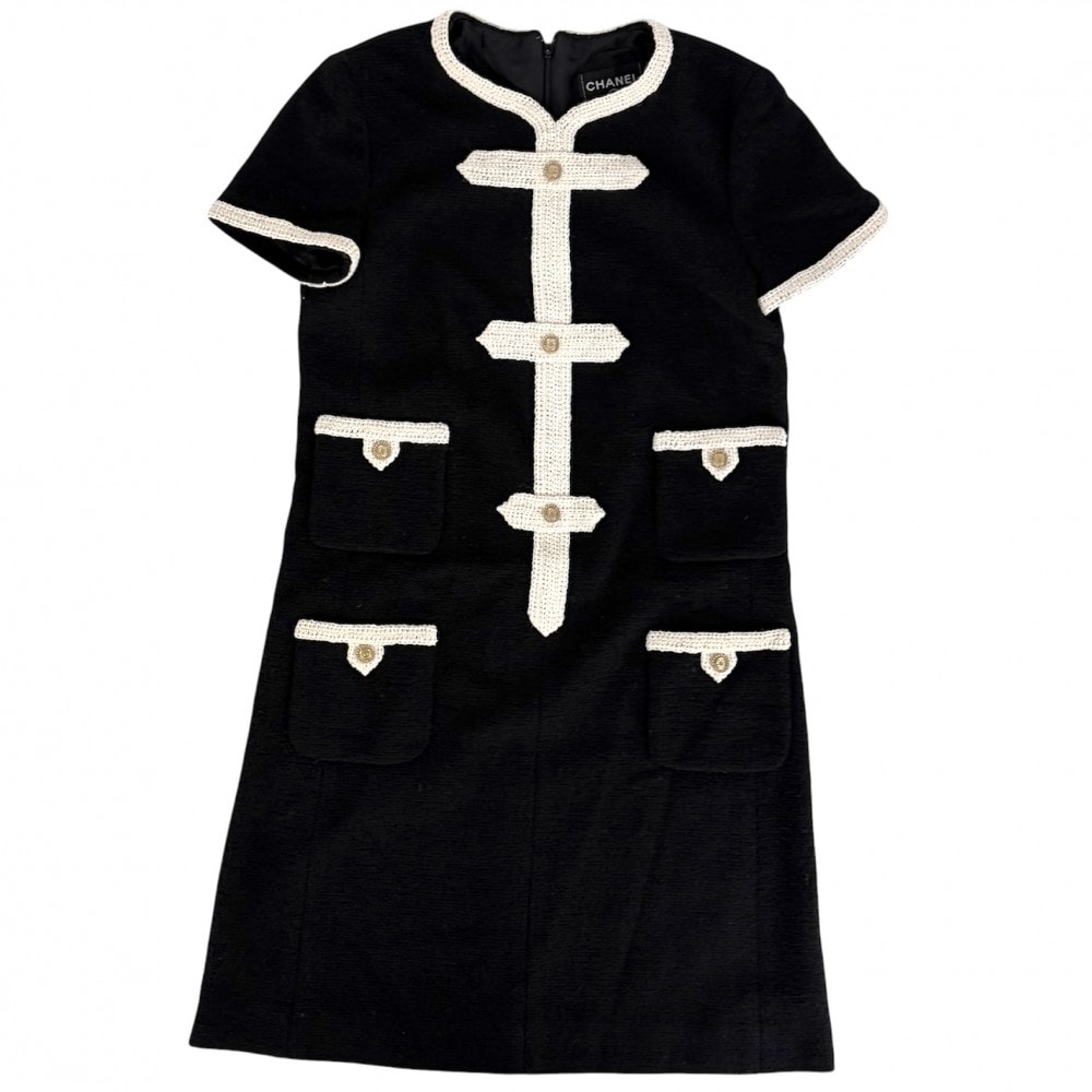 CHANEL シャネル ワンピース バイカラー 半袖 ココマーク ヴィンテージ アパレル 服 38 ブラック 黒 アイボリー ウール  ナイロン   レディース 春 秋 美品 2005年【中古品】