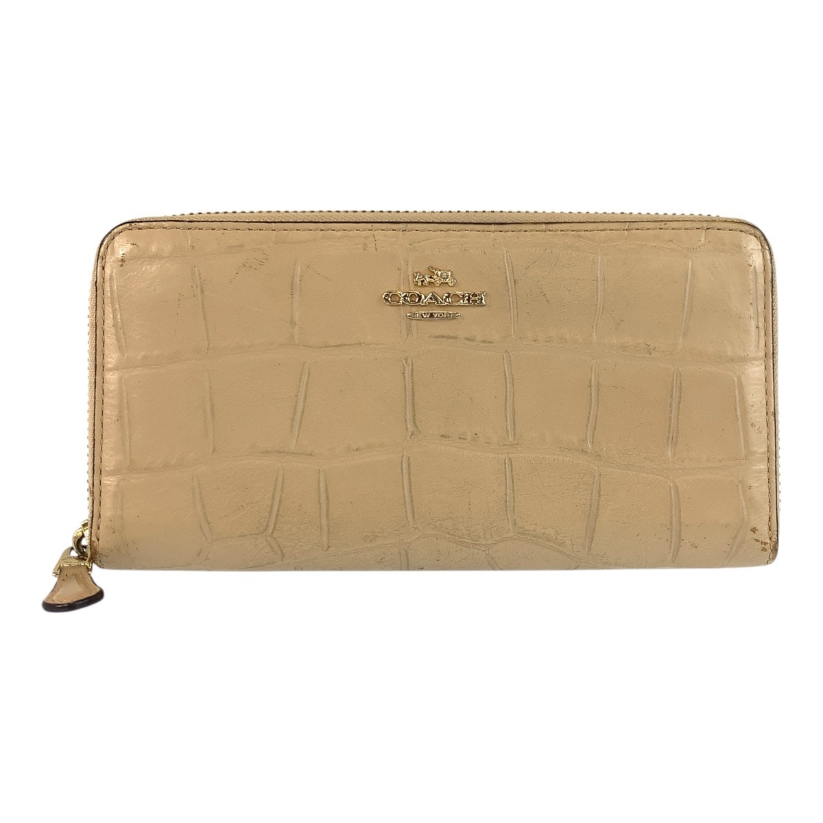COACH コーチ 型押し ベージュ ゴールド金具 レザー 長財布 ロングウォレット 601974 【中古】