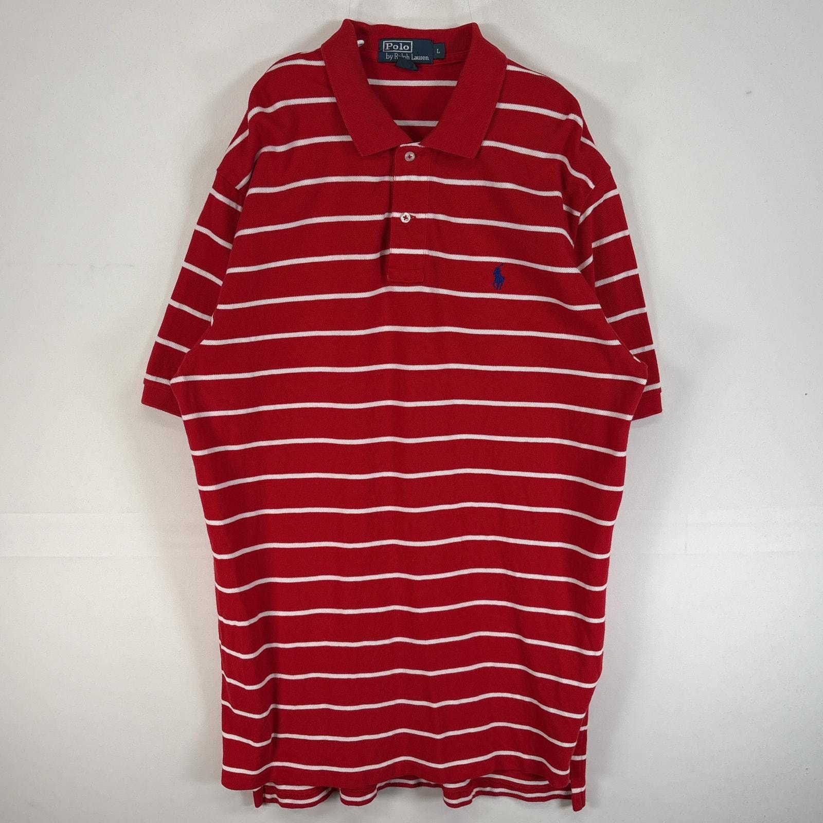 古着 90's/90年代 ポロバイラルフローレン Polo by Ralph Lauren 鹿の子 半袖 ポロシャツ ロゴ 刺繍 2ボタン L  レッド ボーダー メンズ