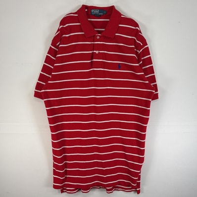 古着 90's/90年代 ポロバイラルフローレン Polo by Ralph Lauren 鹿の子 半袖 ポロシャツ ロゴ 刺繍 2ボタン L レッド ボーダー メンズ
