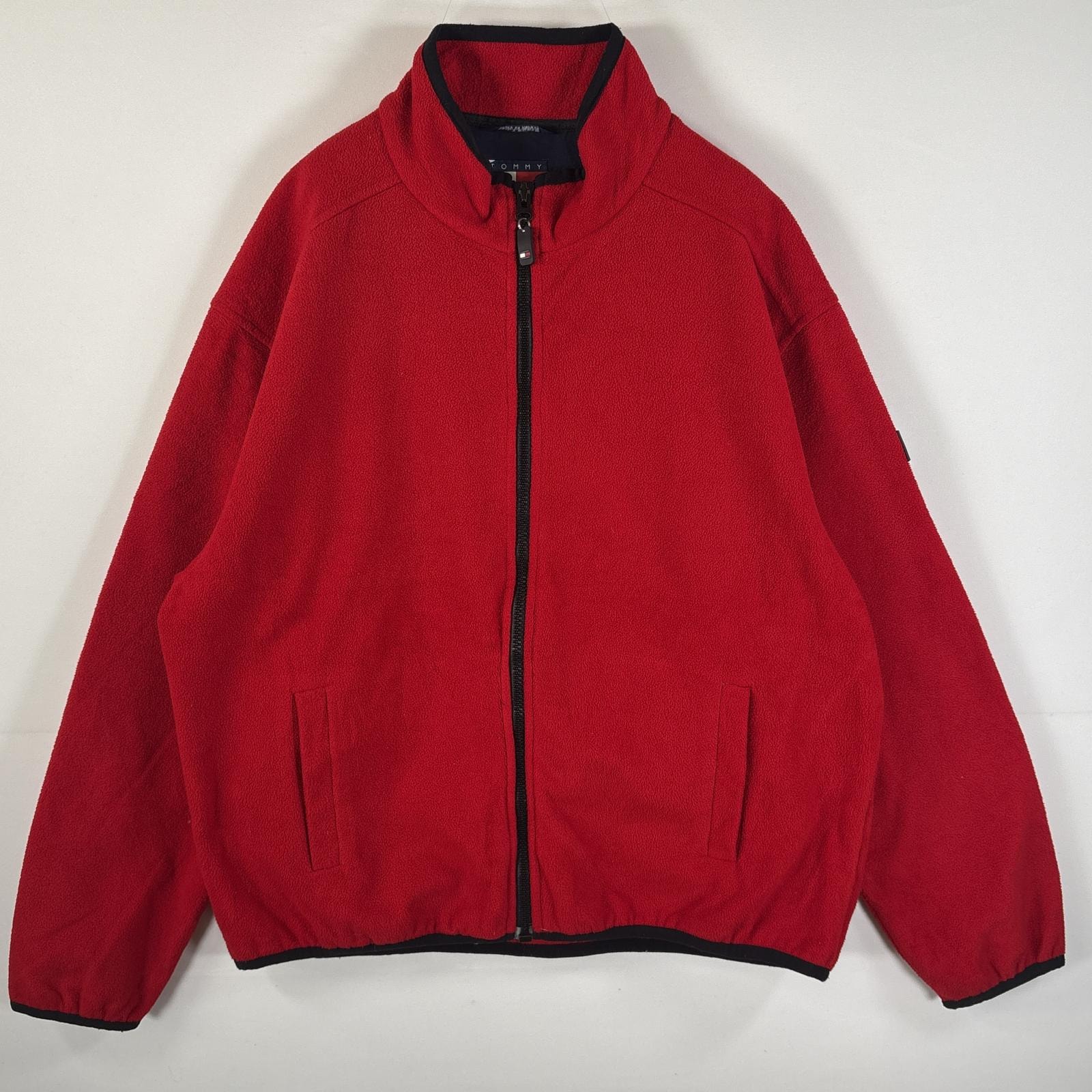 古着 90's/90年代 トミーヒルフィガー TOMMY HILFIGER フリースジャケット フルジップ ワンポイントロゴ ビッグサイズ XL  レッド メンズ