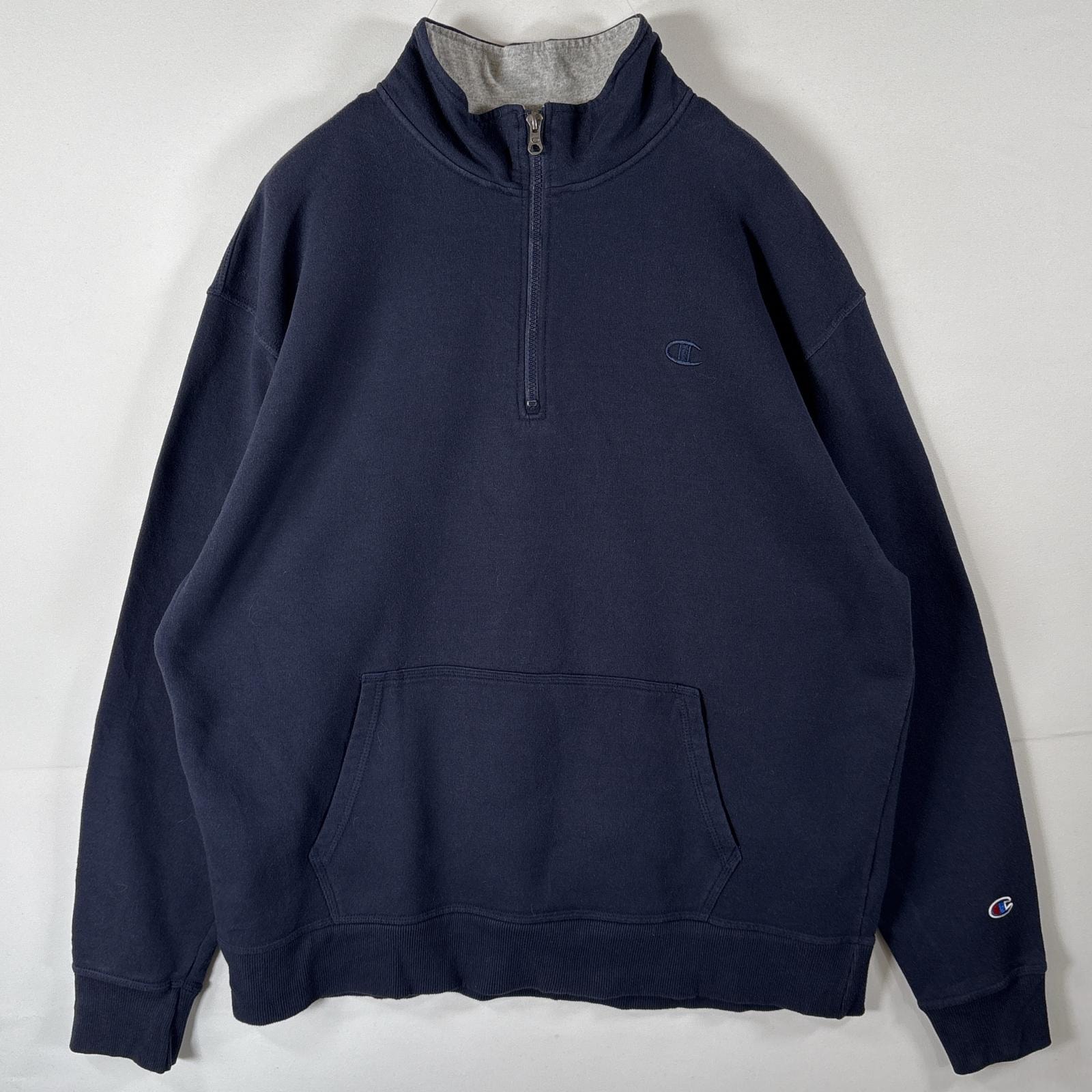 古着 チャンピオン Champion スウェット ハーフジップ トレーナー ワンポイントロゴ刺繍 大きいサイズ XL  ネイビー メンズ
