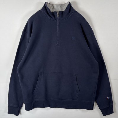 古着 チャンピオン Champion スウェット ハーフジップ トレーナー ワンポイントロゴ刺繍 大きいサイズ XL ネイビー メンズ
