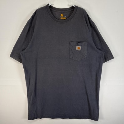 古着 カーハート Carhartt 半袖Tシャツ 肉厚 フェード ワンポイント ロゴ 胸ポケ L ブルー系 無地 メンズ