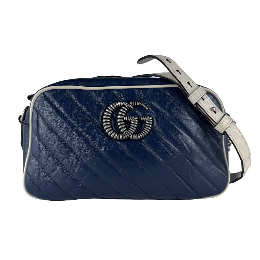 グッチ GUCCI 斜め掛けショルダーバッグ GGマーモント レザー ネイビー/アイボリー シルバー レディース 447632【中古】 z10941