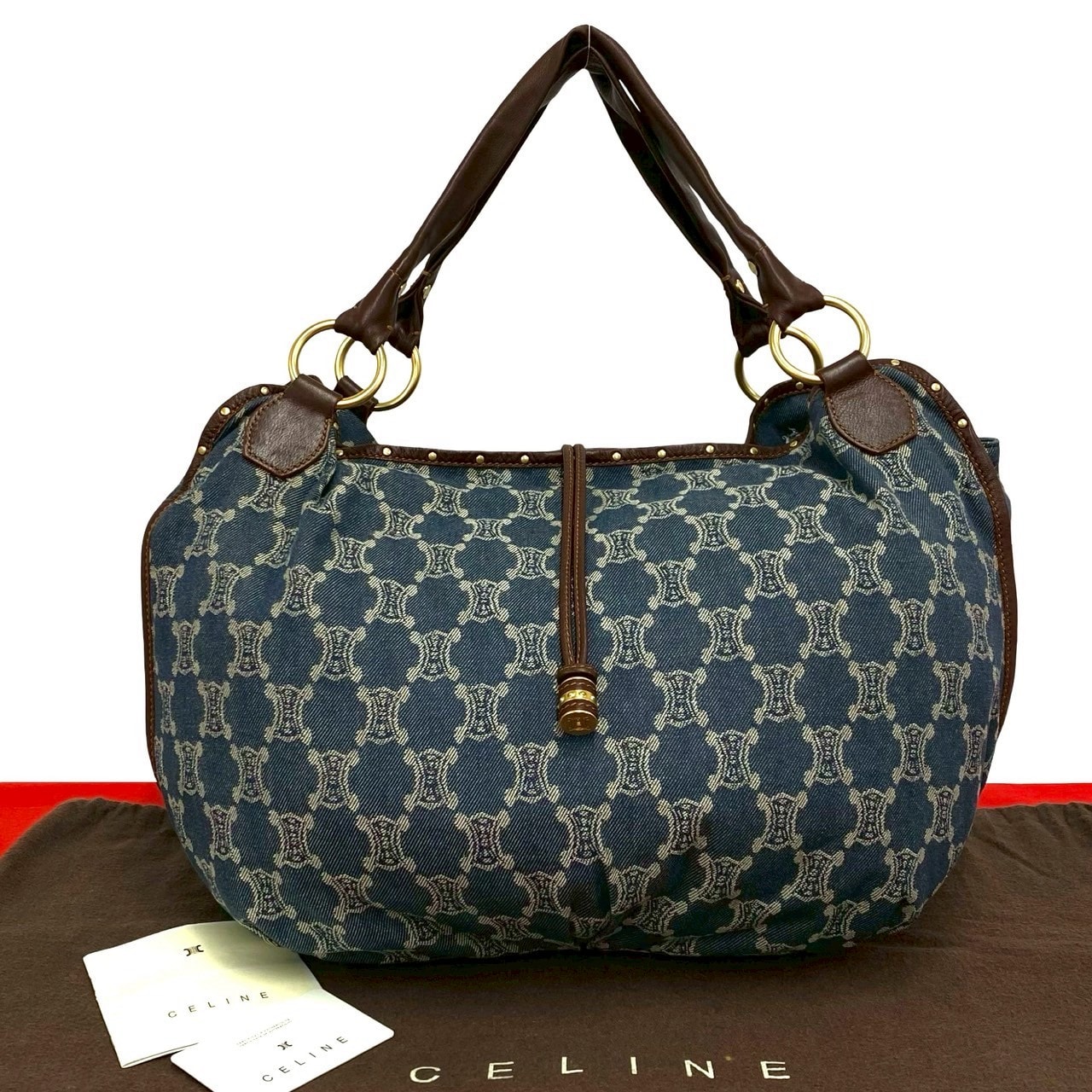 CELINE セリーヌ マカダム ブラゾン トリオンフ 柄 デニム レザー トートバッグ ブルー
 170-5