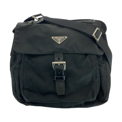 美品 PRADA プラダ テスート 三角ロゴプレート ブラック 黒 シルバー金具 ナイロン レザー/ ショルダーバッグ メッセンジャーバッグ 505933 【中古】